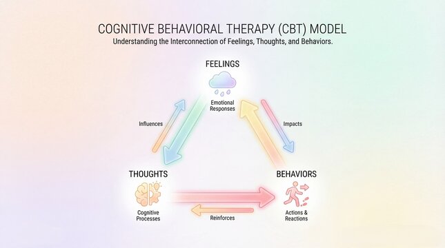 CBT infographic explains feelings thoughts behaviors. CBT model maps feedback links between emotional responses, cognitive processes, actions, reactions for psychology education, counseling materials