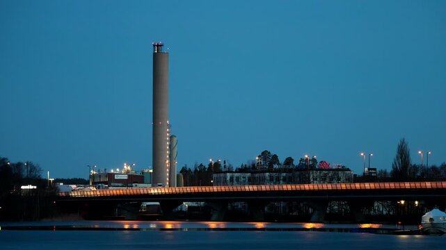 Stockholm, Sweden A highway bridge with traffic at dawn on the E4 highway near the Alby Lake in the Fitja district.