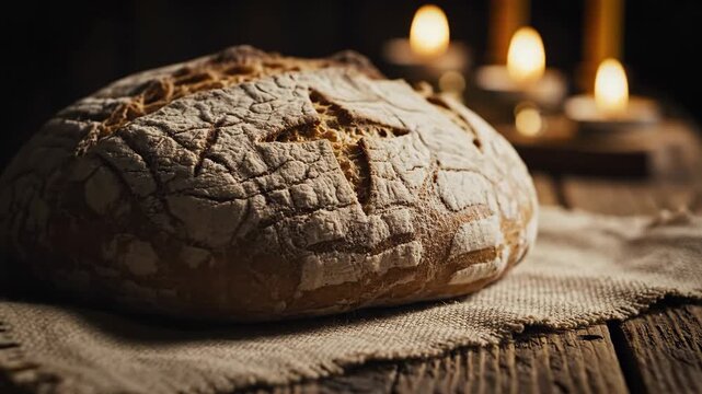 Video of Rustic Communion Loaf in Soft Candlelight exploring Christian sacrament imagery, quiet reflection and traditional liturgical symbolism for faith-based storytelling and holiday services; macro