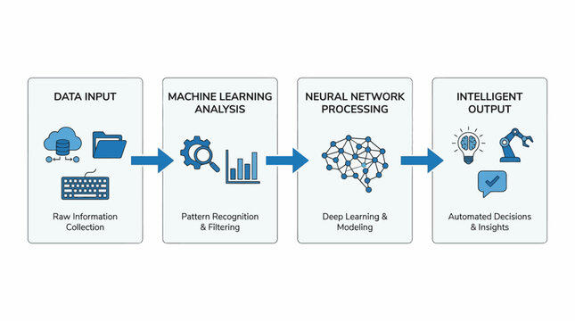 A detailed four-step process flow illustrating data input, machine learning analysis, neural network processing, and intelligent output for AI systems.