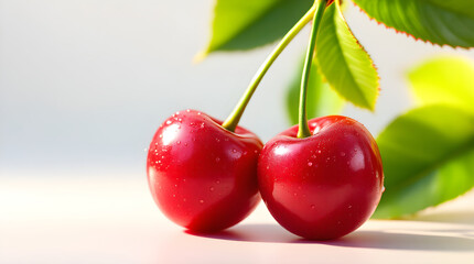 Obraz premium Two red cherries with green stems and leaves