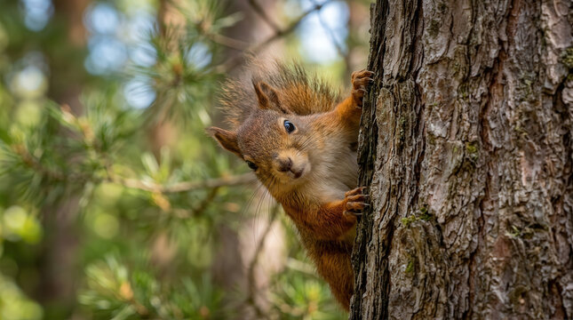 playful squirrel peeking from behind a tree in a lush forest environment