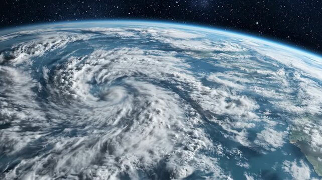 Video of abstracted satellite view of swirling cloud systems over Earth, climate technology concept, global monitoring and forecasting backdrop, modern science aesthetic, flowing white vapor patterns