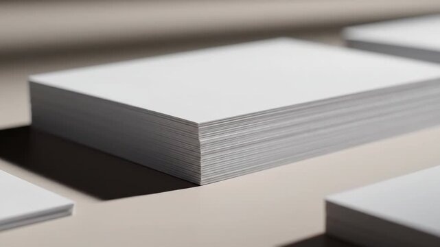 Video of business card mockup with stacked cards and soft shadow, clean branding presentation template, corporate identity showcase background.