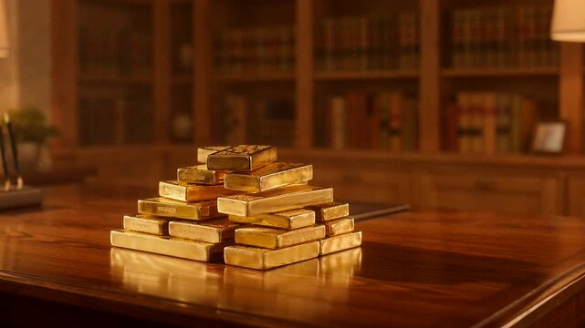 Stacked gold bars arranged on a polished wooden desk with bookshelves in the background.