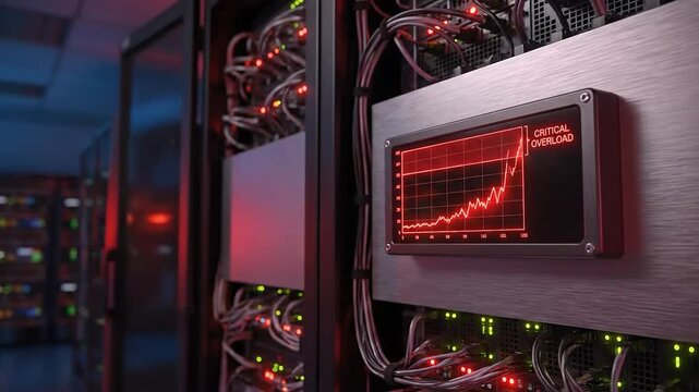 Server rack red alert data center critical overload ai warning sign geopolitics environmental stress overheating hardware risk network security