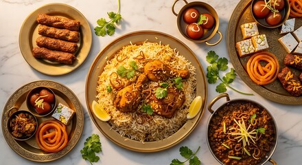 Traditional Indian biryani rice with spiced meat and vegetables served in golden bowls on marble table top view