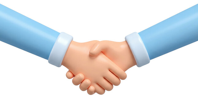 A stylized 3D rendered illustration depicts two cartoon-like hands engaging in a firm handshake, symbolizing partnership, agreement, trust, and connection on a Transparent Background