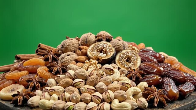 A healthy assortment of dried fruits and nuts on a green background.