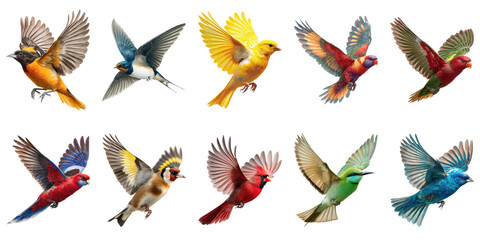 Obraz premium Colorful Birds Flying in Mid-Air on Transparent Background