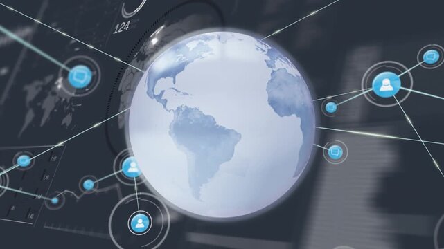 Animation of rotating globe over connected dots against map, bars and circle in background