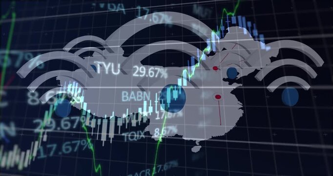 Animation of financial data processing over wifi icons and map