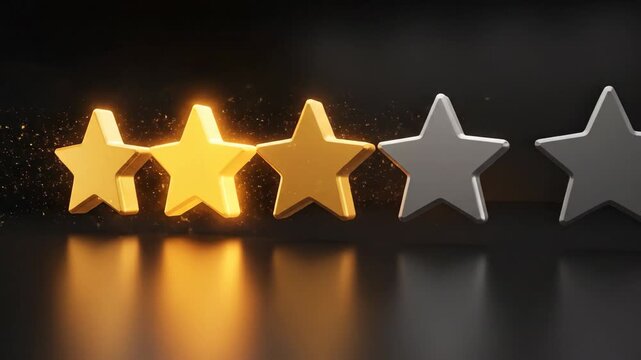 Business Rating Stars \'96 customer feedback evaluation concept, a sleek dark studio environment with five large glossy star icons arranged horizontally above a reflective black surface, four