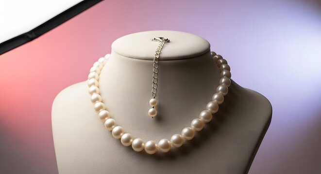 Classic white pearl necklace with silver extender chain displayed on a professional jewelry bust against a gradient background.