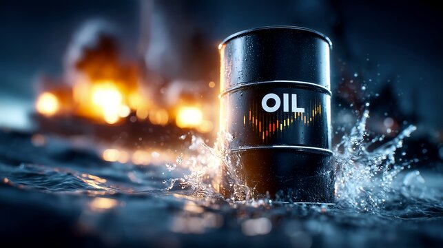 Industrial oil barrel in turbulent sea with stock chart and war explosions at night