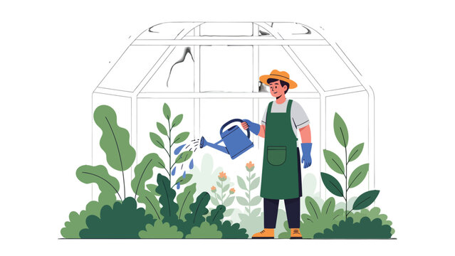 Nurturing Green: A vibrant illustration showcasing a diligent gardener attentively watering lush plants within the embrace of a greenhouse.