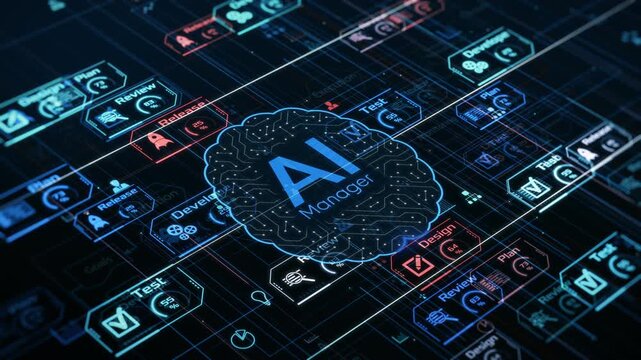 AI assistant for Agile project management, AI automation workflow, project life cycle, conceptual animation (3d render)