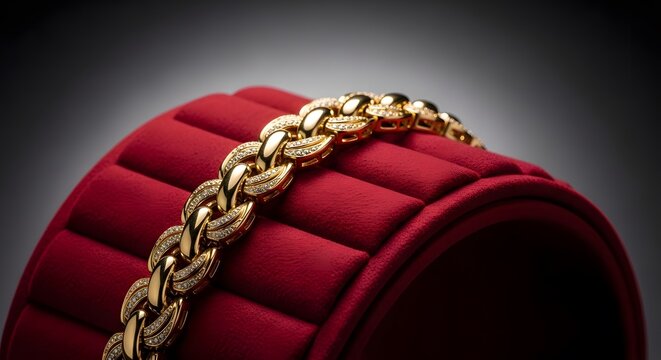 Elegant 18k yellow gold link bracelet with diamond accents displayed on a red velvet jewelry cushion.