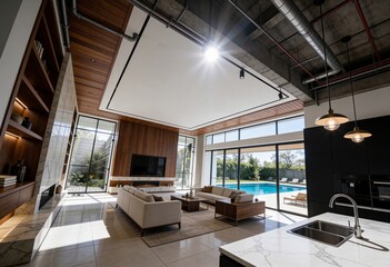 Obraz premium Modern luxury living room opening to swimming pool