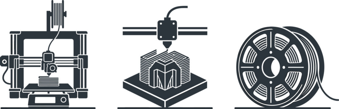 Professional 3D Printing and Additive Manufacturing Icon Set Featuring Desktop 3D Printer Industrial Printing Process and Filament Spool Silhouettes