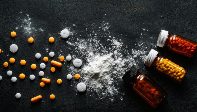 Assorted pills and powder beside amber bottles on a dark surface, representing pharmaceutical themes