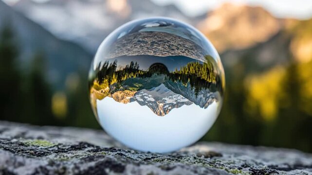 Crystal ball reflecting inverted mountain landscape on textured rock