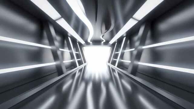 Abstract Business Passage Concept \'97 stylized futuristic corridor formed by repeating geometric frames and soft glowing light panels, environment simplified into smooth gradients of silver and