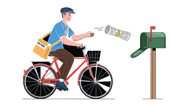 News Delivery: A dedicated mailman, pedaling his bicycle, meticulously delivers a rolled-up newspaper into a classic green mailbox, embodying reliability and daily routine.