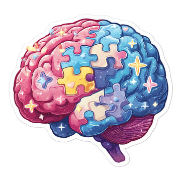 Colorful brain illustration with puzzle pieces represents creativity and critical thinking.