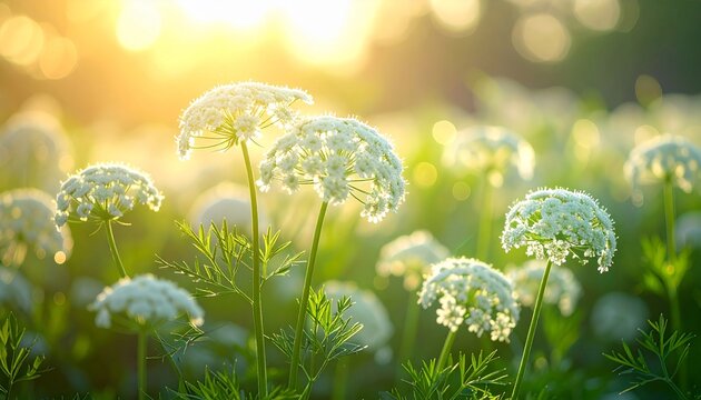Carrot plants in flowering stage with white umbels and sunlight in the background