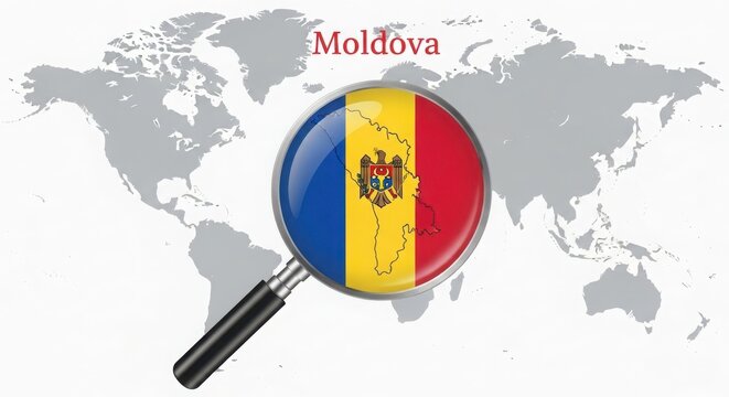 A magnifying glass with the moldova flag on a world map with the word moldova written in red text