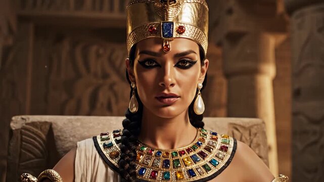 Egyptian queen sitting on throne in palace. Beautiful woman wearing golden crown and jewelry in ancient temple. Royal historical figure with eyeliner makeup.