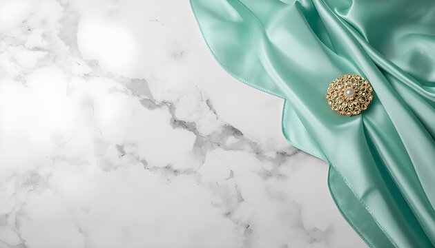 A luxurious gold brooch adorns a flowing teal silk fabric on a white marble surface