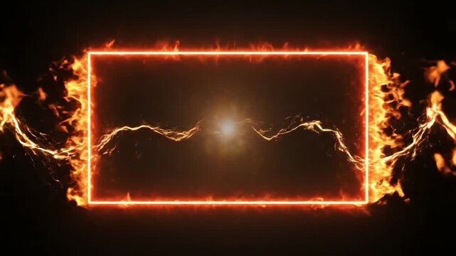 Flames engulf a glowing rectangle with a bright light at its center on a dark background with fiery sparks.