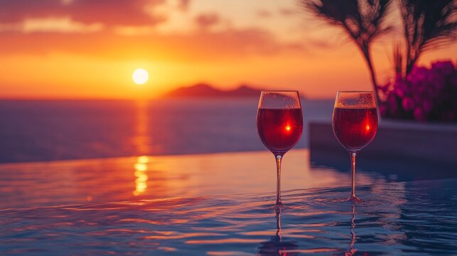 Two glasses of wine by the pool at sunset create a romantic atmosphere, perfect for restaurant menus or holiday packages.