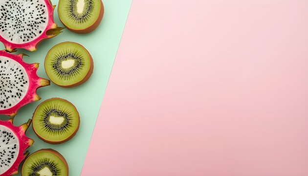 A vibrant arrangement of sliced dragon fruit and kiwi on a colorful background