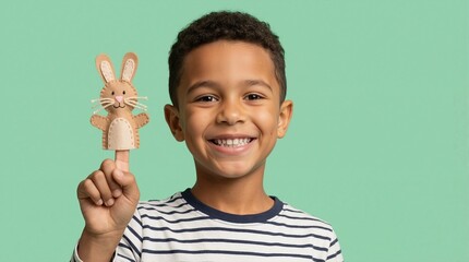 Smiling boy holding felt bunny finger puppet. Young child playing with handmade rabbit toy against green background. Portrait of happy kid with Easter craft