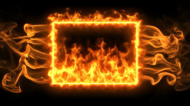 A bright orange rectangle of flames burns intensely on a dark background with smoke swirling around it.