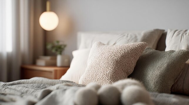 Close-up of a bed with several pillows and a blanket on it. the pillows are beige in color and have a textured pattern. the blanket is made of a soft, fuzzy material and is draped over the bed.