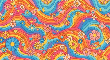 Vibrant, colorful psychedelic illustration with wavy rainbow stripes, flowers, and hearts