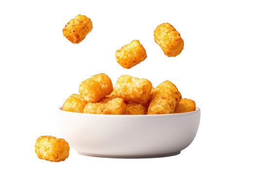 A white bowl brimming with crispy golden tater tots, with several pieces dynamically falling around the container for a playful effect on a Transparent Background