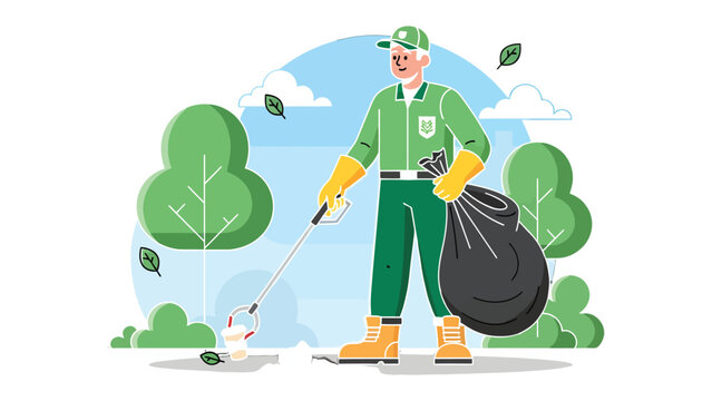 Community Stewardship: A dedicated individual diligently cleans up a park, symbolizing a commitment to community improvement and environmental care.