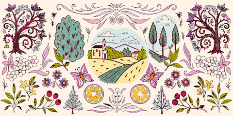 Whimsical illustration of a countryside landscape with floral and botanical elements © Provhash