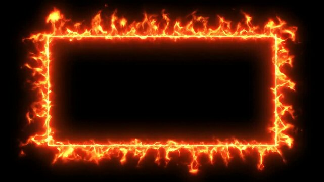 A burning rectangular frame of vibrant orange flames surrounds a dark empty space on a black background.