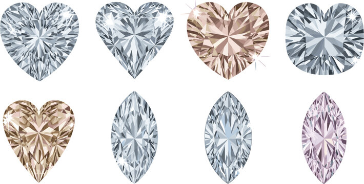 Elegant Heart-Shaped and Marquise-Cut Diamond Gemstones Vector Set Featuring Clear, Pink, Blue, and Lavender Diamonds for Luxury Jewelry Designs