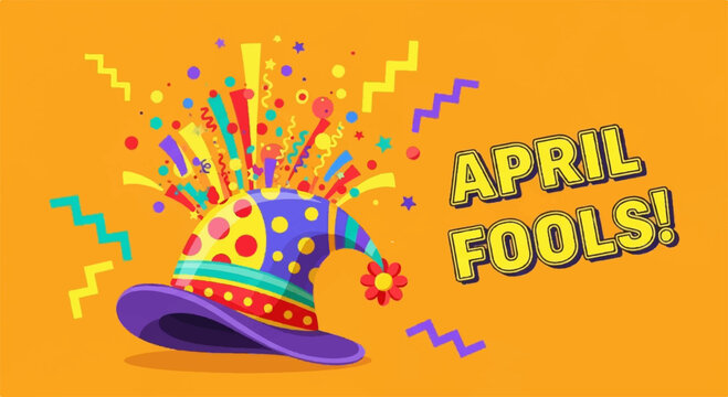 Vibrant april fools' party hat with colorful confetti and streamers on orange background celebrating pranks and jokes