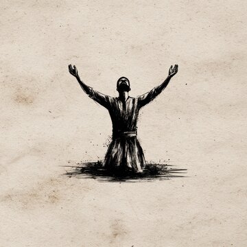 Black and white illustration of a person with raised arms, seemingly in water, on textured paper