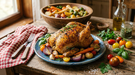 Delicious Roasted Chicken with Fresh Vegetables and Salad on Rustic Table