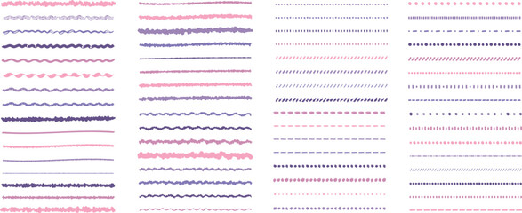 Fototapeta premium イラスト素材：ライン素材のあしらい 手書きのシンプルでかわいい罫線 ピンク 紫. simple hand draw borders