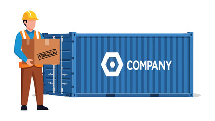 Shipping and Logistics: A worker in safety gear stands proudly beside a shipping container, holding a fragile package. Capturing the essence of secure transport. © hafs121